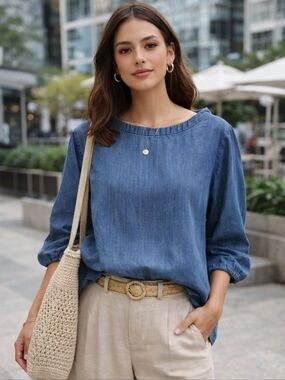 Muji/ 100% Tencel Lyocel/ Blue Denim-look/ 3 Quarter Sleeve Top/ Size US XL